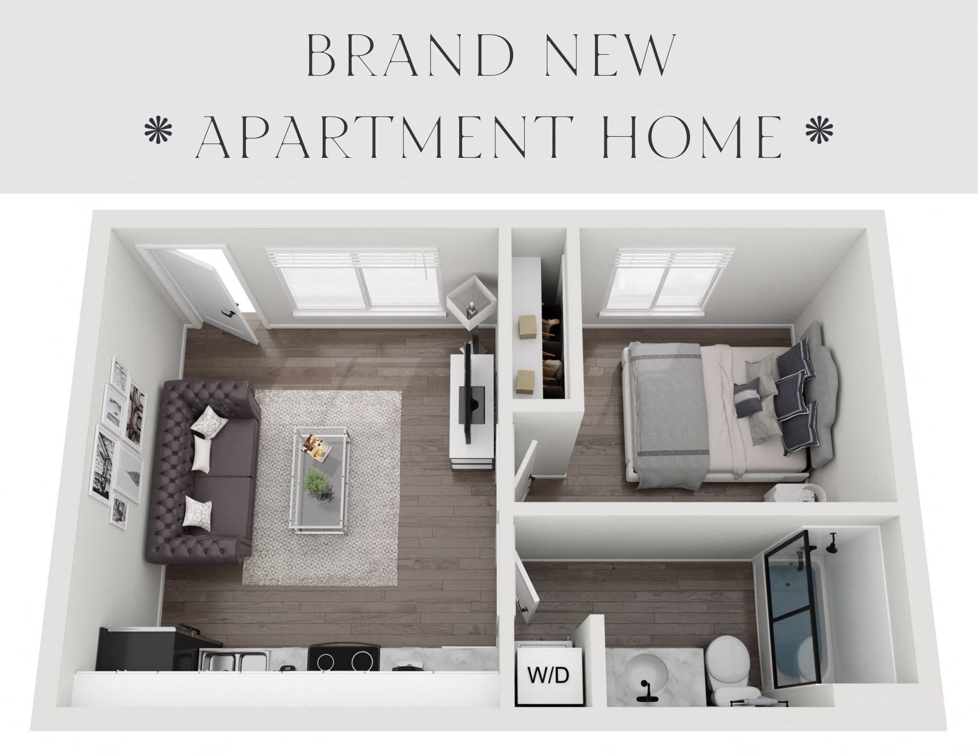 Floor plan for 1 bed, 1 bath, 410 sqft